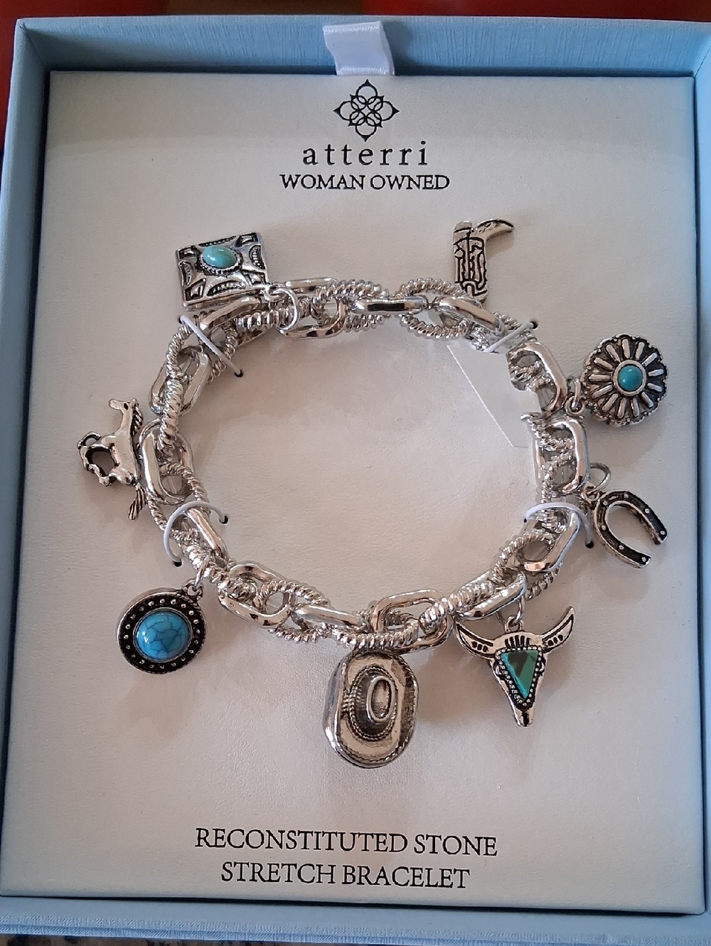 Atterri Silver-Tone Western Charm Stretch Bracelet with Turquoise Accents. NWT.